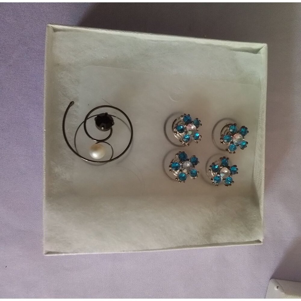 Set Of 5 Elegant Hair Twist Pins With Blue & White Floral Rhinestones